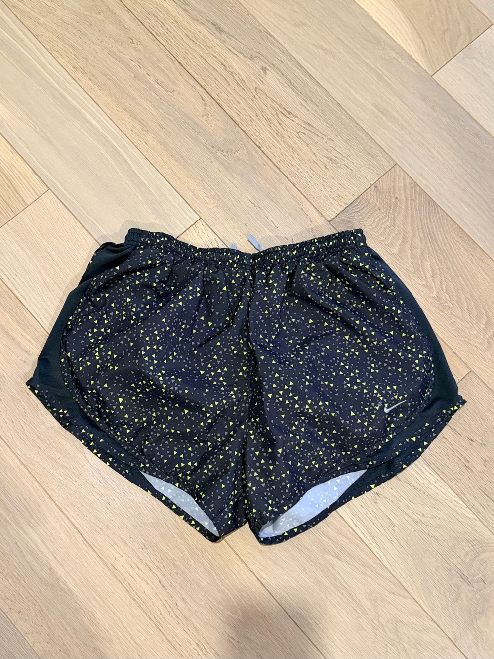 Nike Black Running Shorts with Neon Green Triangle Print size large